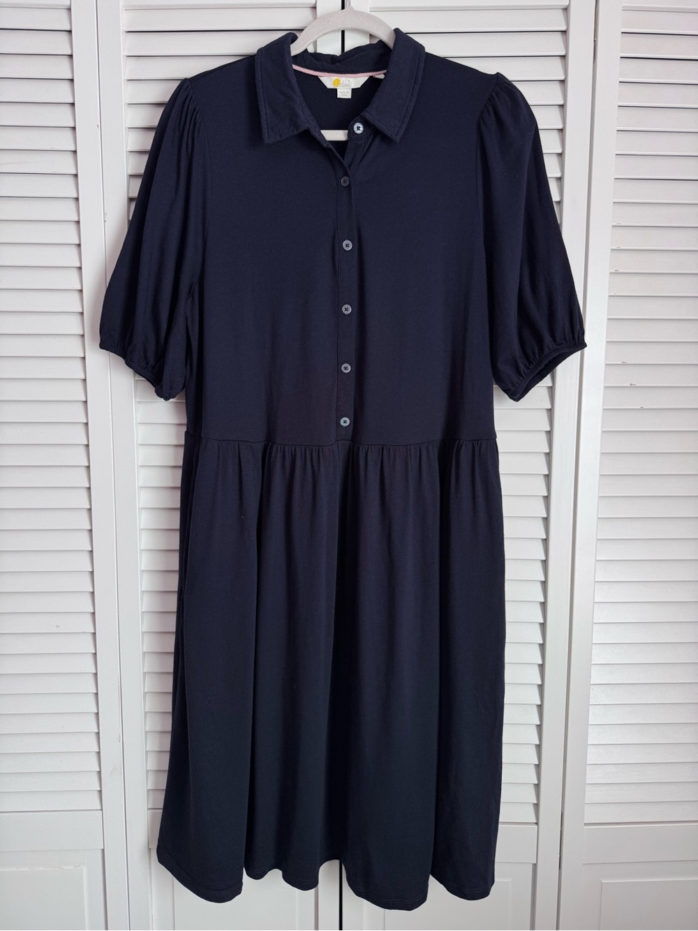 Boden Shirt Jersey Dress Short Puff Sleeve Buttoned Front Collar Size 12L Navy